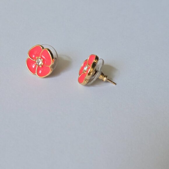 Kate Spade Pink Flower Enamel Gold Tone Crystal Center Stud Earrings - Picture 3 of 5